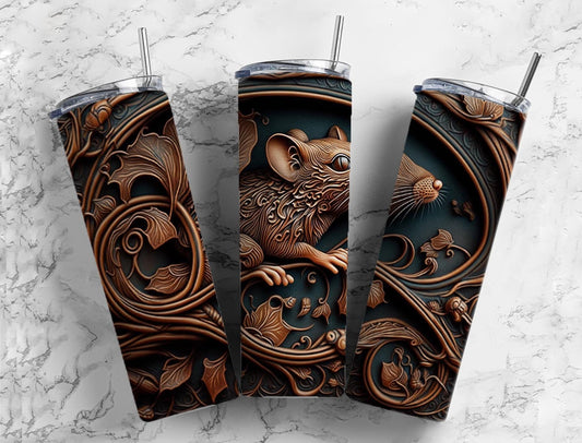 Tooled leather mouse 20oz Sublimation Tumbler Designs, Leather engraved 9.2 x 8.3” Straight Skinny Tumbler Wrap PNG