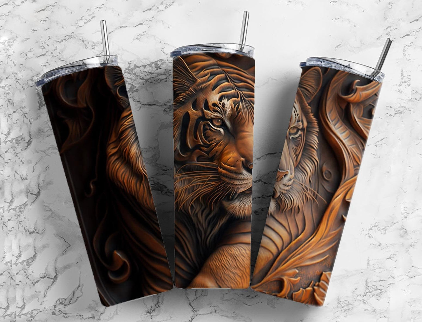 Tooled leather tiger 20oz Sublimation Tumbler Designs, Leather engraved 9.2 x 8.3” Straight Skinny Tumbler Wrap PNG