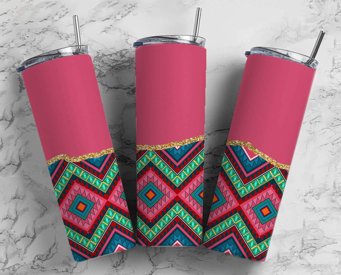 Bright Pink Green Aztec Print 20oz Sublimation Tumbler Designs, Fluro Pink Agate 9.2 x 8.3” Straight Skinny Tumbler Wrap PNG 123