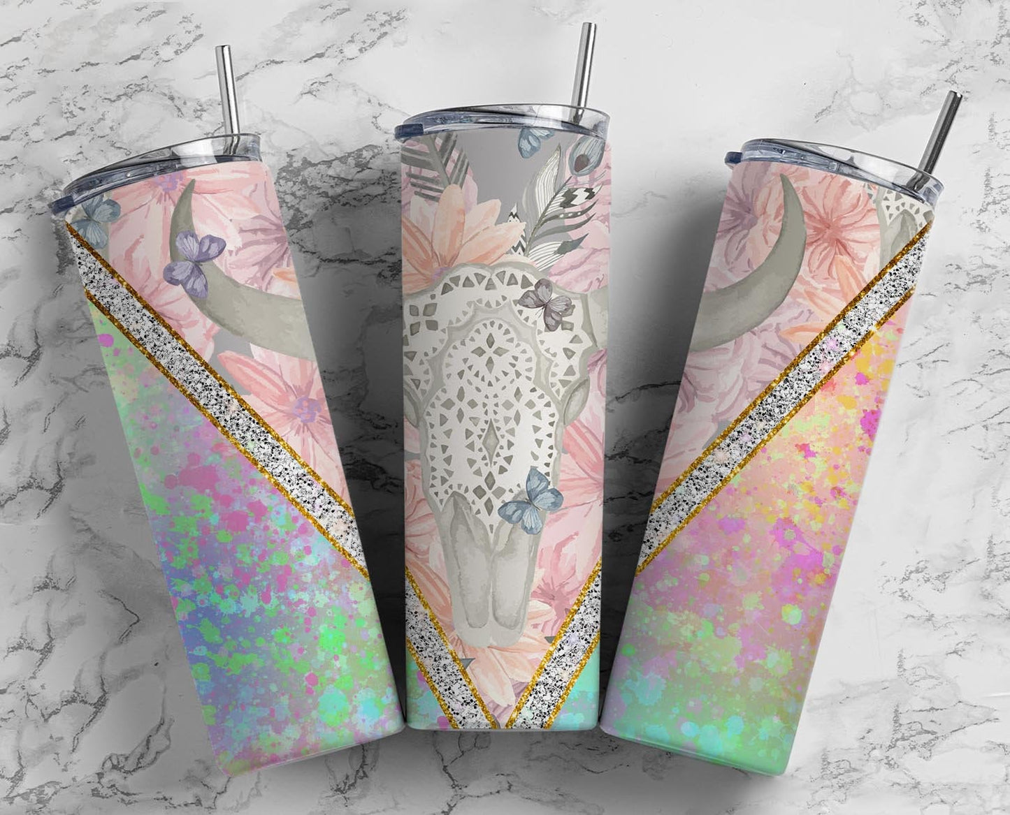 Cow Skull 20oz Sublimation Tumbler Designs, Pastel Floral 9.2 x 8.3” Straight Skinny Tumbler Wrap