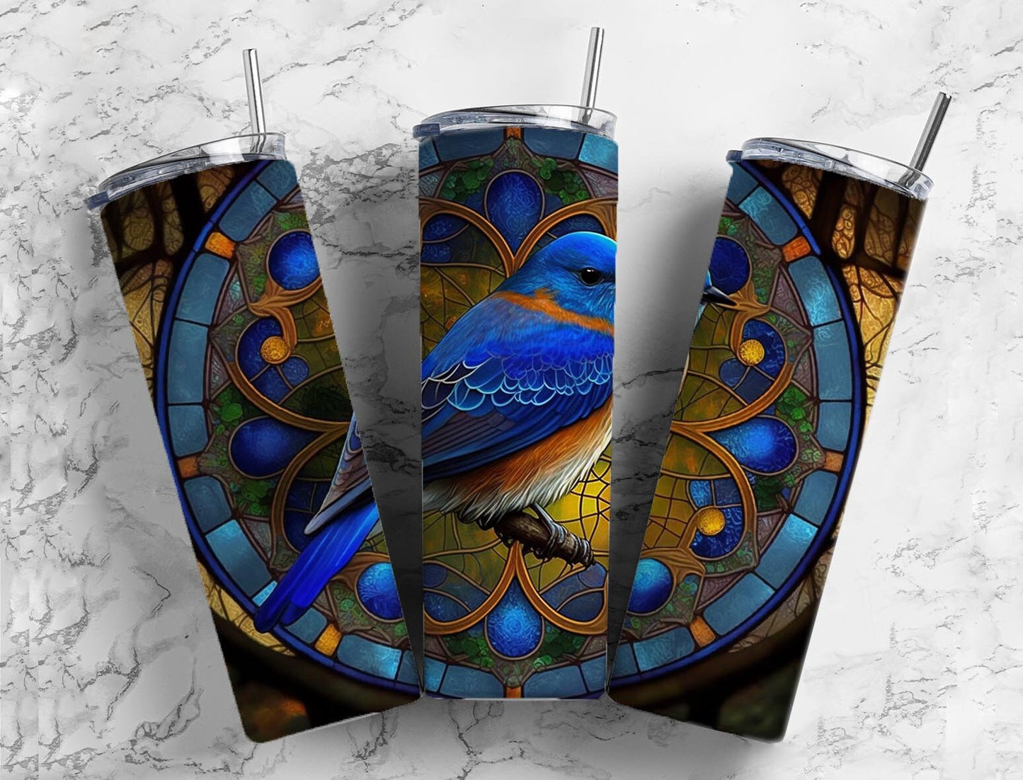 Blue bird 20oz Sublimation Tumbler Designs, Patterned background 9.2 x 8.3” Straight Skinny Tumbler Wrap PNG