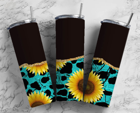 Turquoise Cow Sunflower 20oz Sublimation Tumbler Designs, Black Sunflower 9.2 x 8.3” Straight Skinny Tumbler Wrap PNG 83 33