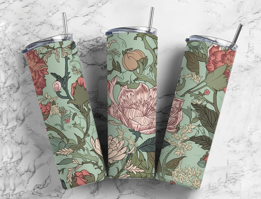 Blue botanical 20oz Sublimation Tumbler Designs, Muted floral 9.2 x 8.3” Straight Skinny Tumbler Wrap PNG