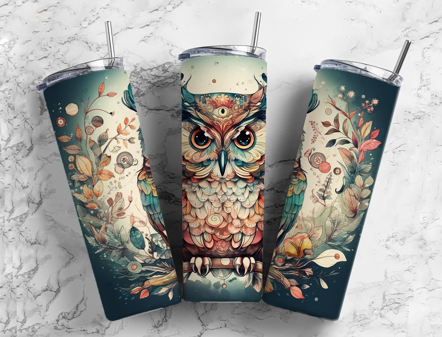 brown owl 20oz Sublimation Tumbler Designs, nighttime floral 9.2 x 8.3” Straight Skinny Tumbler Wrap PNG