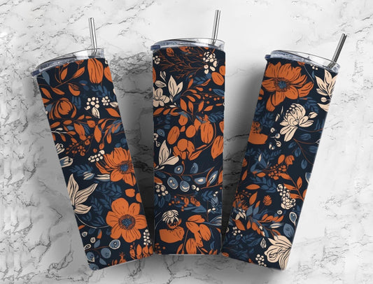 Retro floral 20oz Sublimation Tumbler Designs, Navy and orange 9.2 x 8.3” Straight Skinny Tumbler Wrap PNG (2023-04-18 16.38.23)