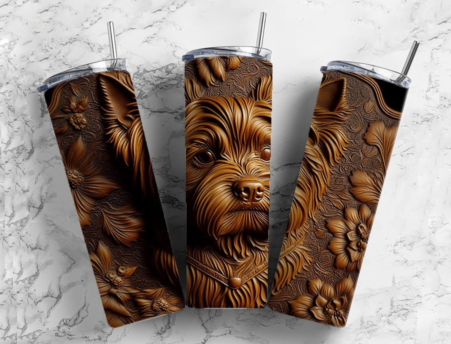 tooled leather Yorkshire terrier 20oz Sublimation Tumbler Designs, Engraved leather 9.2 x 8.3” Straight Skinny Tumbler Wrap PNG