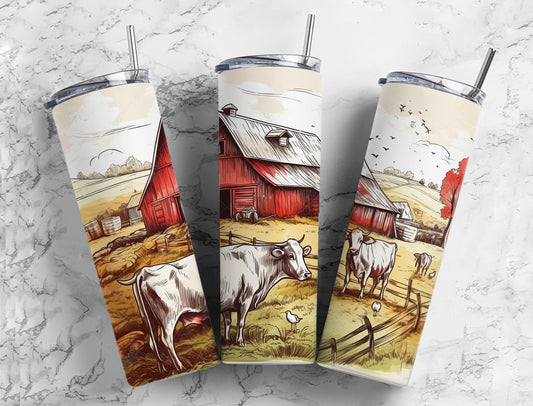 Farm land 20oz Sublimation Tumbler Designs, cow barn 9.2 x 8.3” Straight Skinny Tumbler Wrap PNG