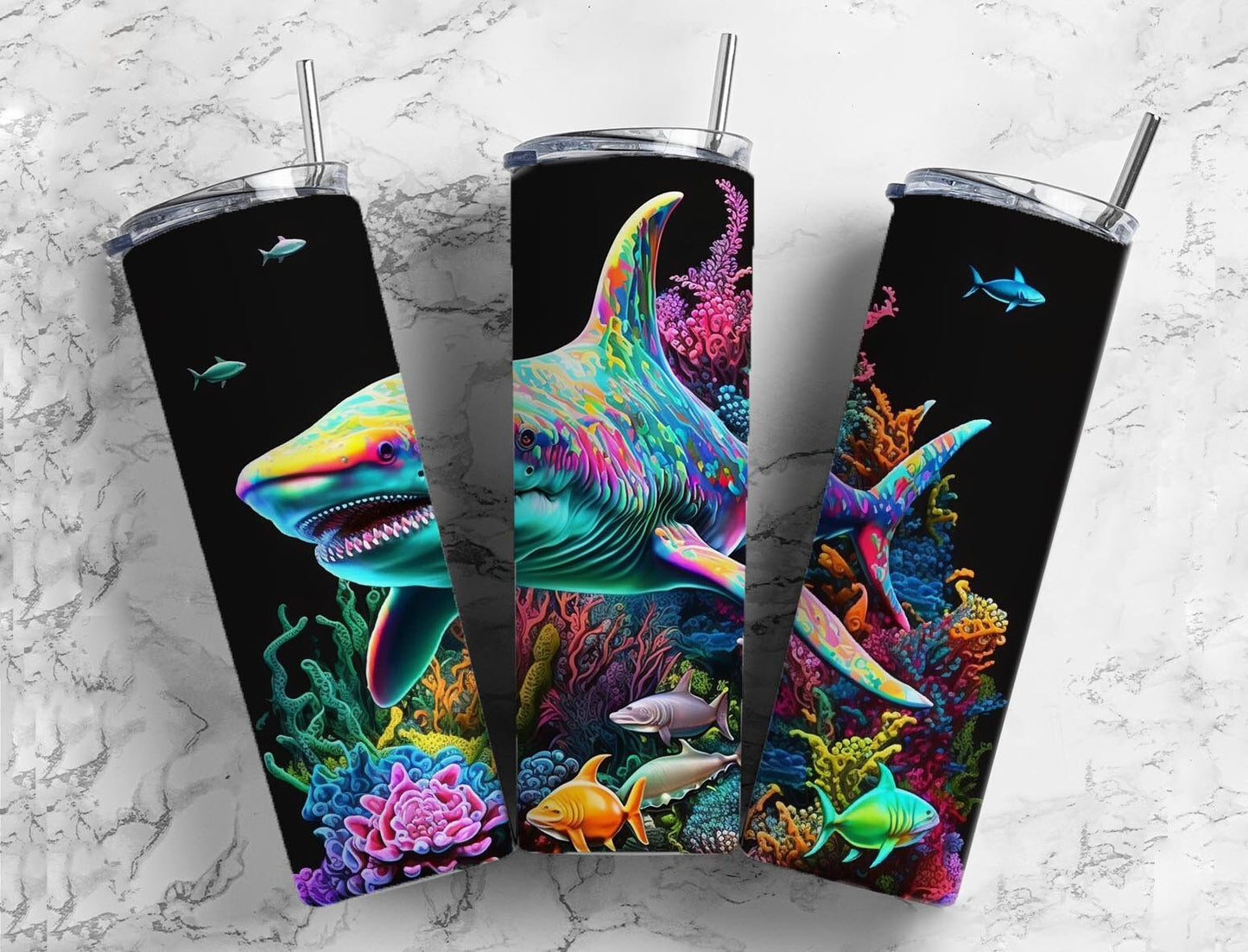 White Great 20oz Sublimation Tumbler Designs, Shark Colorful 9.2 x 8.3” Straight Skinny Tumbler, Tumbler Wrap PNG