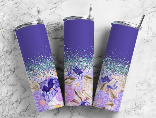 Botanical Aesthetic 20oz Sublimation Tumbler Designs, Iridescent Glitter Blue 9.2 x 8.3” Straight Skinny Tumbler Wrap PNG