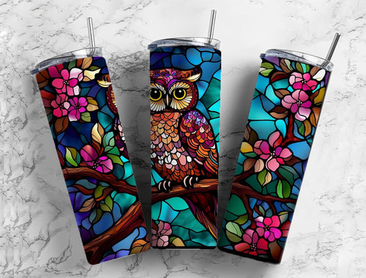 brown owl floral 20oz Sublimation Tumbler Designs, stained glass 9.2 x 8.3” Straight Skinny Tumbler Wrap PNG