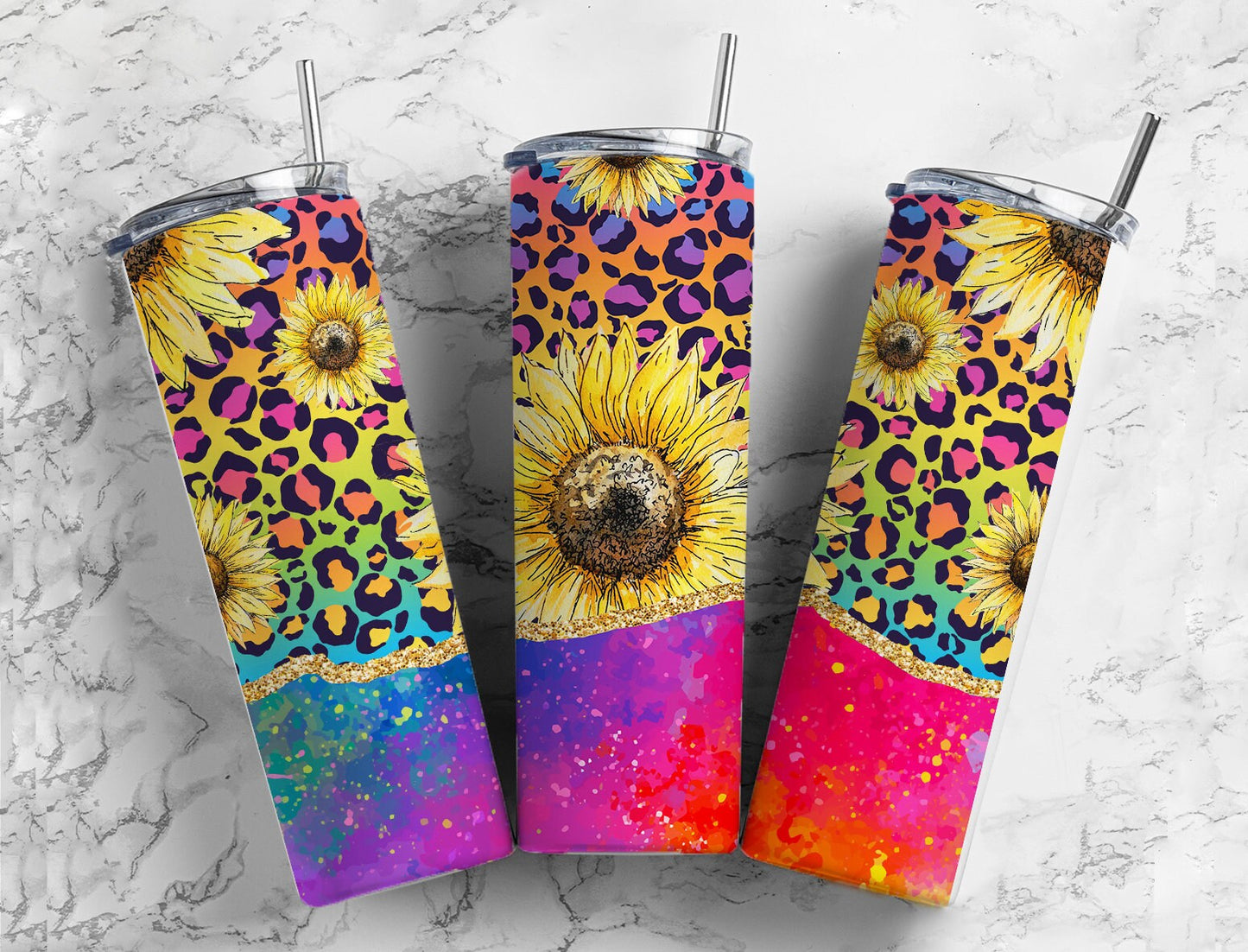 Sunflower Rainbow 20oz Sublimation Tumbler Designs, Leopard 9.2 x 8.3” Straight Skinny Tumbler Wrap PNG, Agate, Alcohol Ink, Tie Dye 27