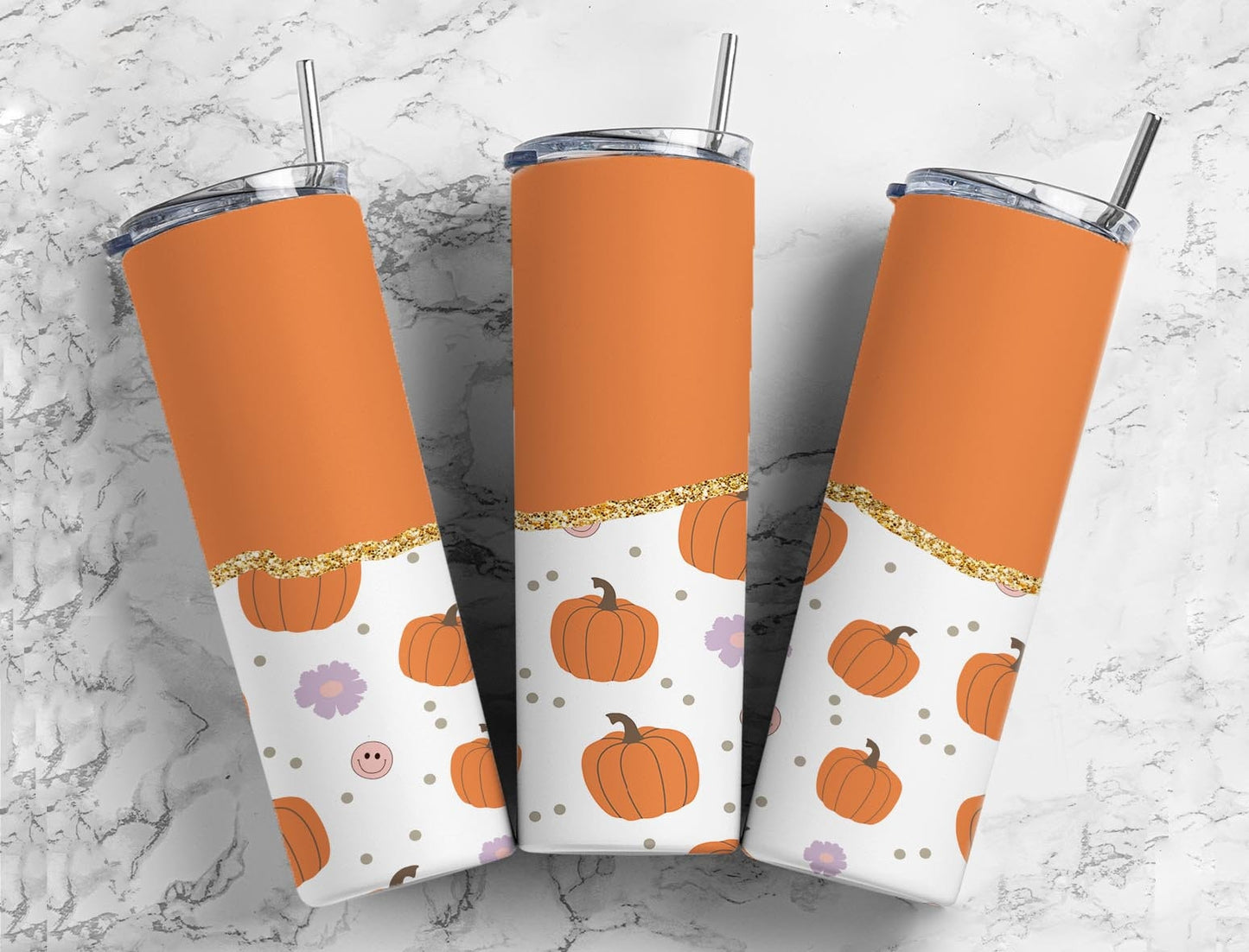 Retro Pumpkin Fall 20oz Sublimation Tumbler Designs, Smiley Face Aesthetic Floral 9.2 x 8.3” Straight Skinny Tumbler Wrap PNG12