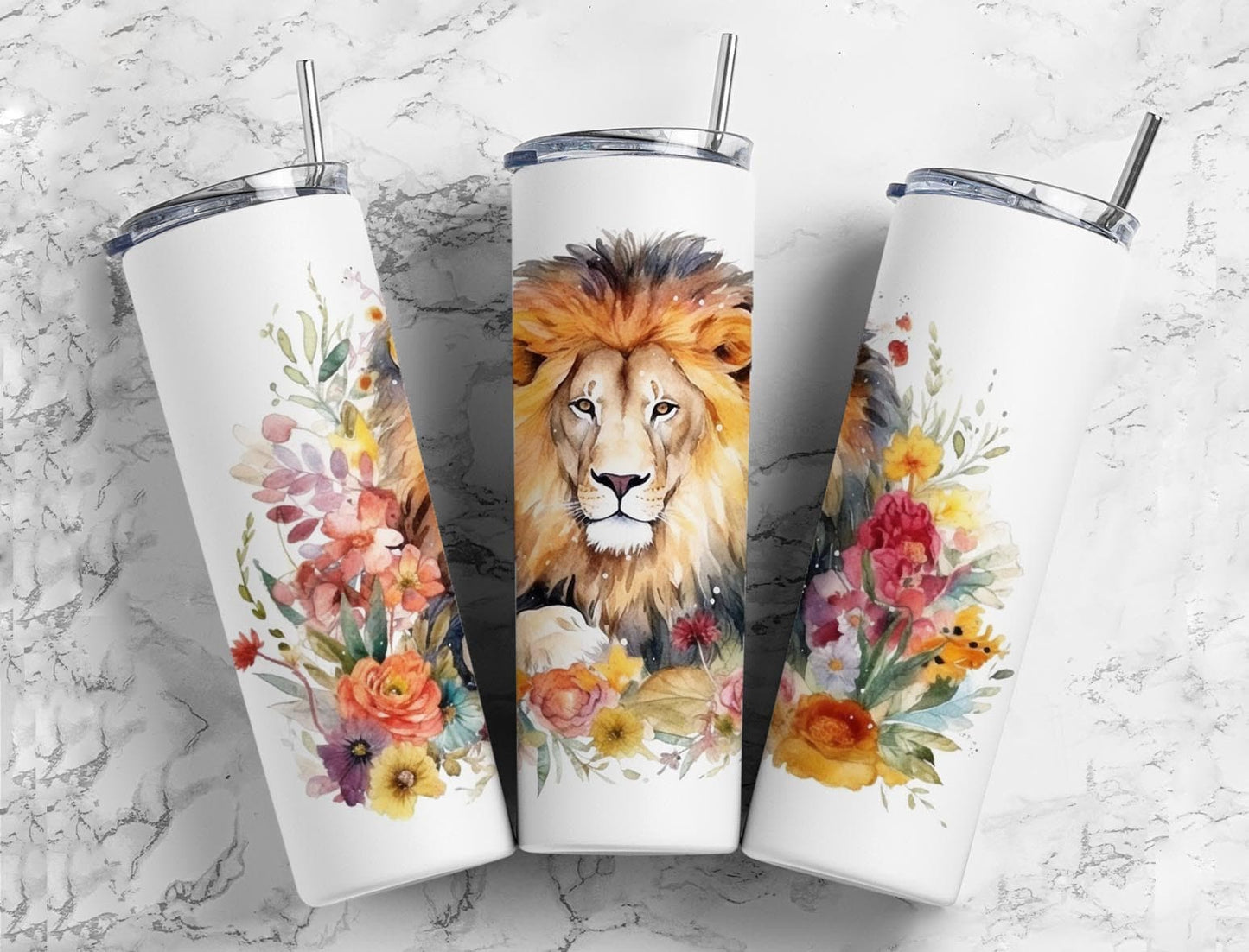 Colorful lion 20oz Sublimation Tumbler Designs, Watercolor floral 9.2 x 8.3” Straight Skinny Tumbler Wrap PNG