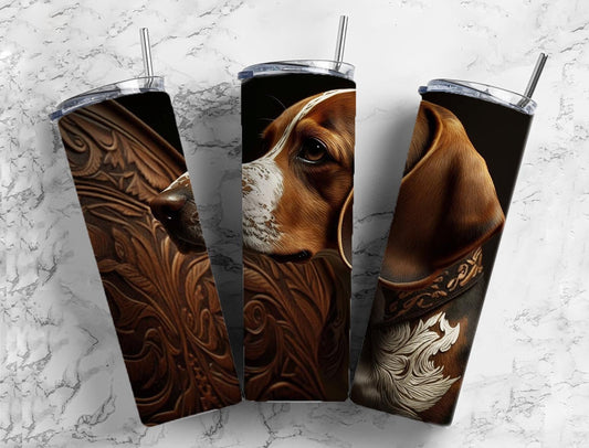 Tooled leather beagle dog 20oz Sublimation Tumbler Designs, Engraved leather 9.2 x 8.3” Straight Skinny Tumbler Wrap PNG