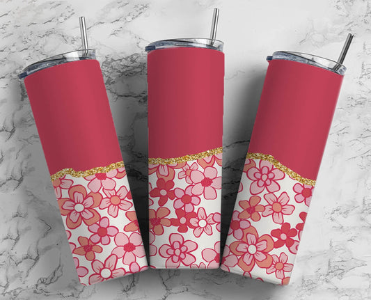 Red Flower 20oz Sublimation Tumbler Designs, AestheticFloral 9.2 x 8.3” Straight Skinny Tumbler Wrap PNG, Gold Agate 81