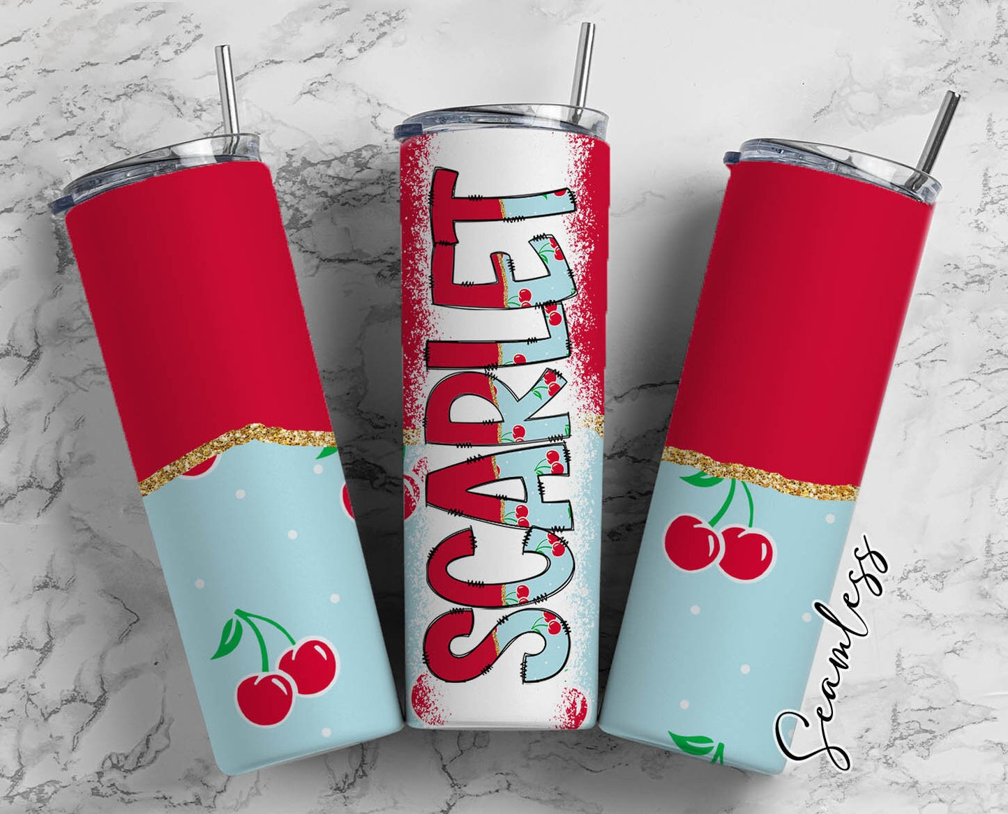 Red Cherry Tumbler Wrap with Matching Doodle Letter Alphabet PNG, Red and Blue Add your Own name 20oz Tumbler, Alpha Set PNG 50