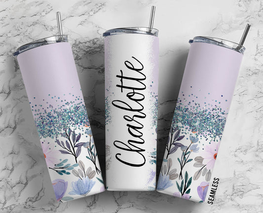 Purple Flower 20oz Sublimation Tumbler Designs, Floral Glitter Split 9.2 x 8.3” Straight Skinny Tumbler Wrap PNG 135