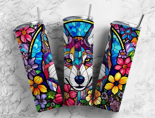 Siberian husky 20oz Sublimation Tumbler Designs, Floral stained glass 9.2 x 8.3” Straight Skinny Tumbler Wrap PNG