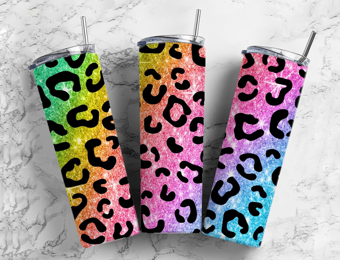 Rainbow pastel glitter 20oz Sublimation Tumbler Designs, Leopard print 9.2 x 8.3” Straight Skinny Tumbler Wrap PNG