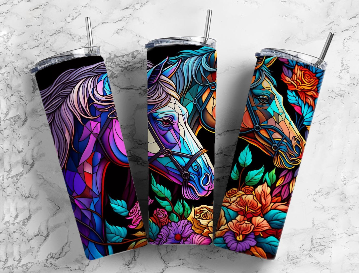 Stained Glass horse 20oz Sublimation Tumbler Designs, Rainbow floral 9.2 x 8.3” Straight Skinny Tumbler Wrap