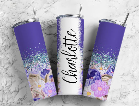 Botanical Vintage 20oz Sublimation Tumbler Designs, Iridescent Glitter Purple 9.2 x 8.3” Straight Skinny Tumbler, PNGp99