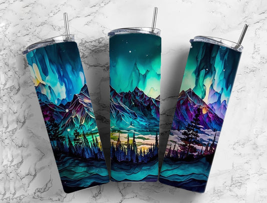 Alcohol ink mountain landscape 20oz Sublimation Tumbler Designs, colorful landscape 9.2 x 8.3” Straight Skinny Tumbler Wrap PNG