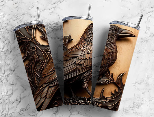 Tooled leather crow 20oz Sublimation Tumbler Designs, Engraved leather 9.2 x 8.3” Straight Skinny Tumbler Wrap PNG