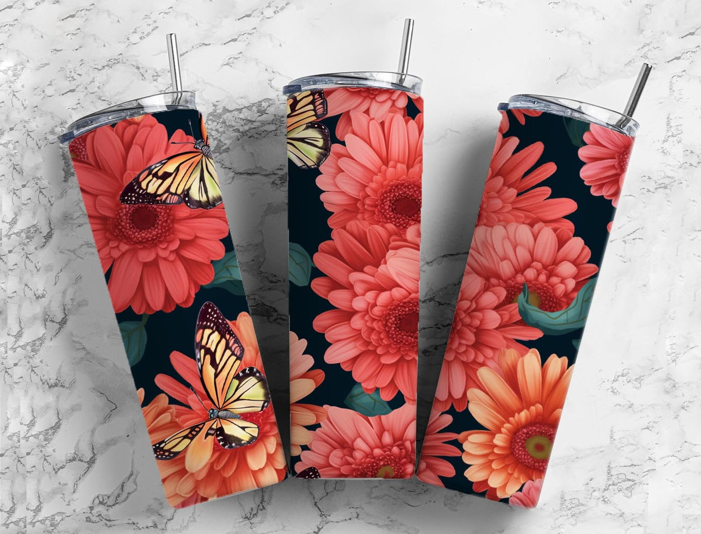 Floral butterflies 20oz Sublimation Tumbler Designs, Botanical 9.2 x 8.3” Straight Skinny Tumbler Wrap PNG