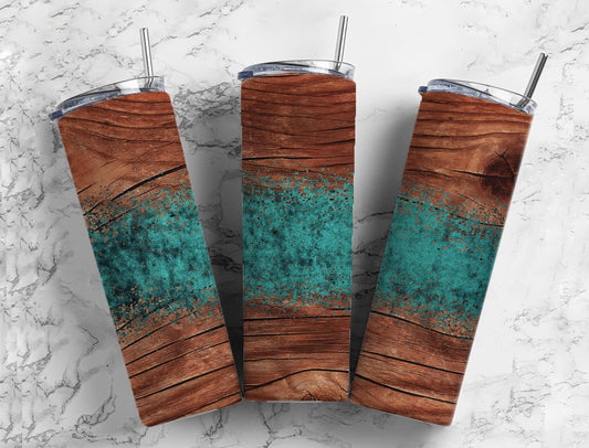 Turquoise Wood Grain 20oz Sublimation Tumbler Designs, Brown Teal Leather 9.2 x 8.3” Straight Skinny Tumbler Wrap, Country Western PNG