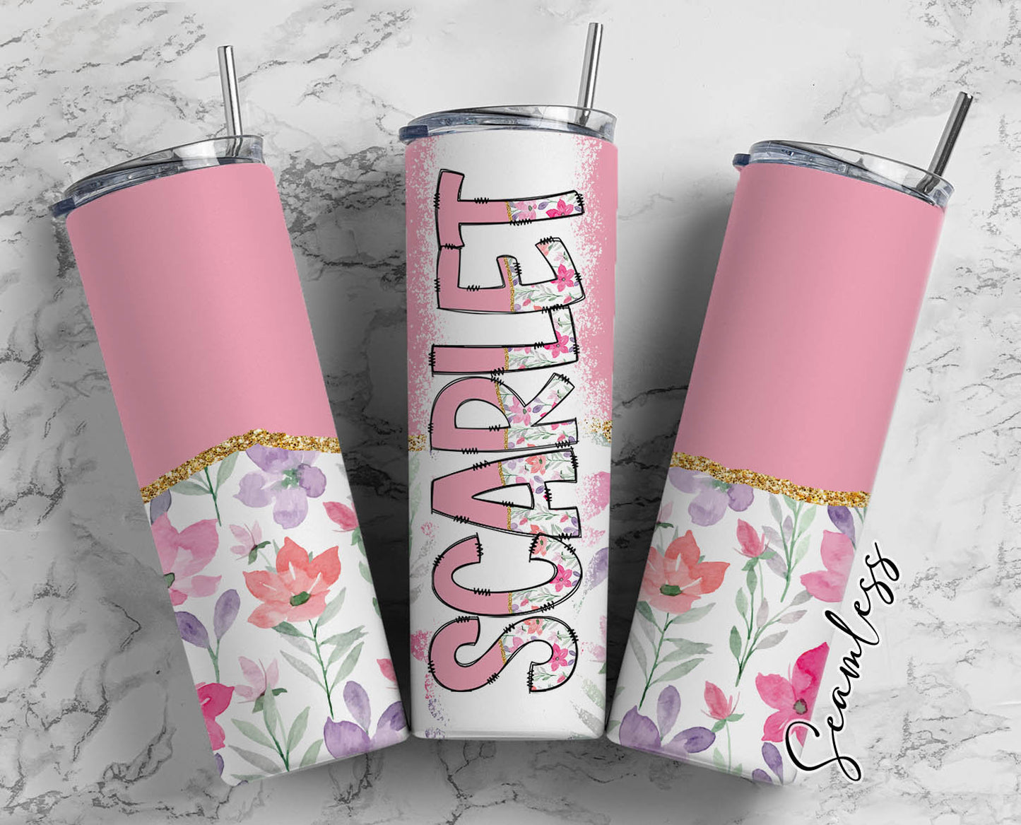 Pink Flower Tumbler Wrap with Matching Doodle Letter Alphabet PNG, Floral Aesthetic Add your Own name 20oz Tumbler, Alpha Set PNG 134