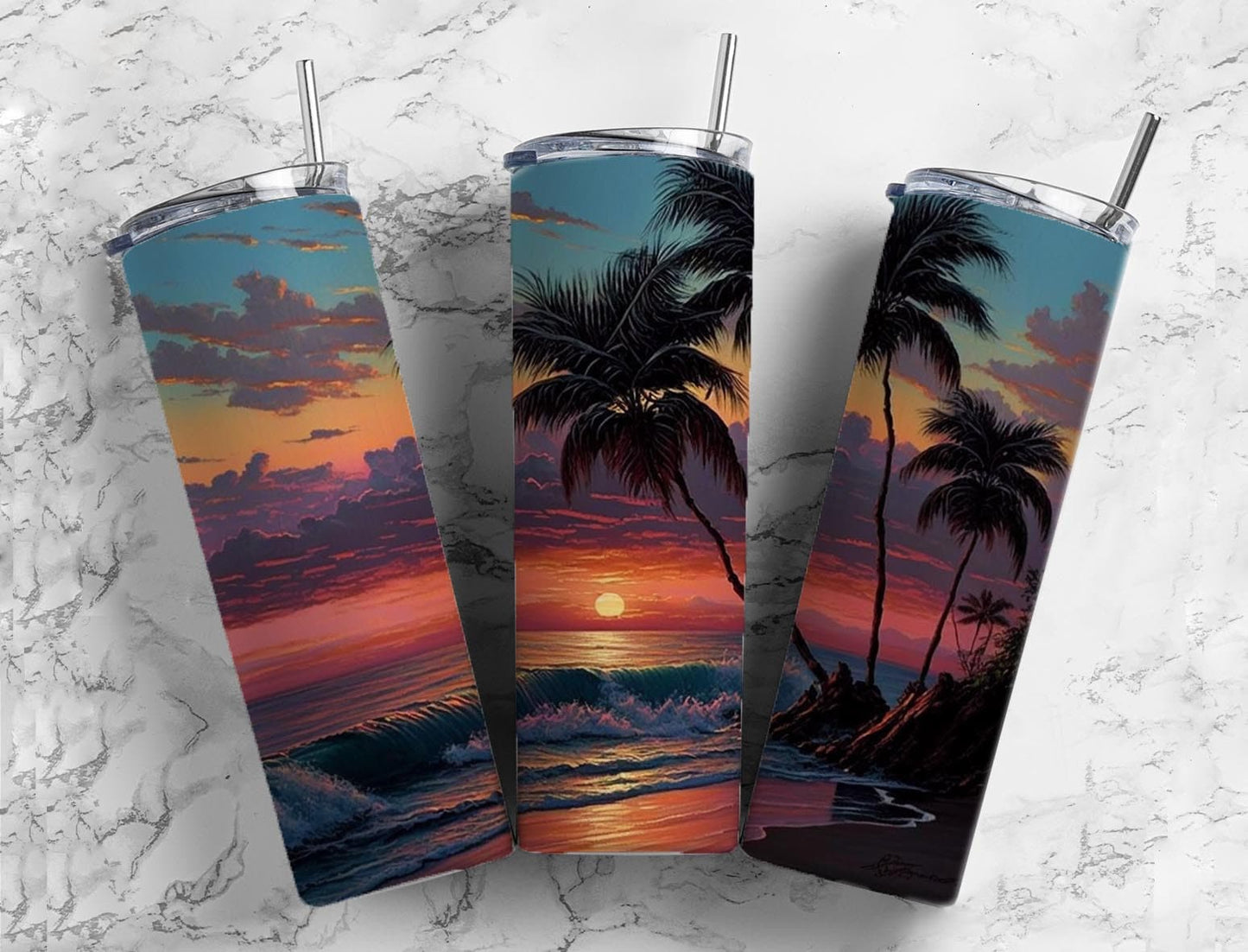 Sunset beach 20oz Sublimation Tumbler Designs, Palm tree 9.2 x 8.3” Straight Skinny Tumbler Wrap PNG