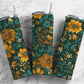 Retro floral 20oz Sublimation Tumbler Designs, Green and gold 9.2 x 8.3” Straight Skinny Tumbler Wrap PNG