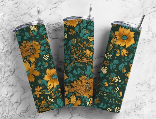 Retro floral 20oz Sublimation Tumbler Designs, Green and gold 9.2 x 8.3” Straight Skinny Tumbler Wrap PNG