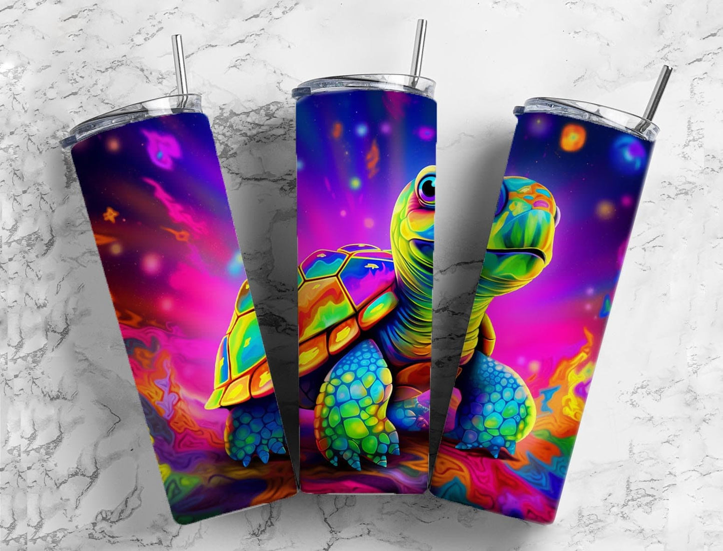 Rainbow tortoise 20oz Sublimation Tumbler Designs, colorful neon 9.2 x 8.3” Straight Skinny Tumbler Wrap PNG