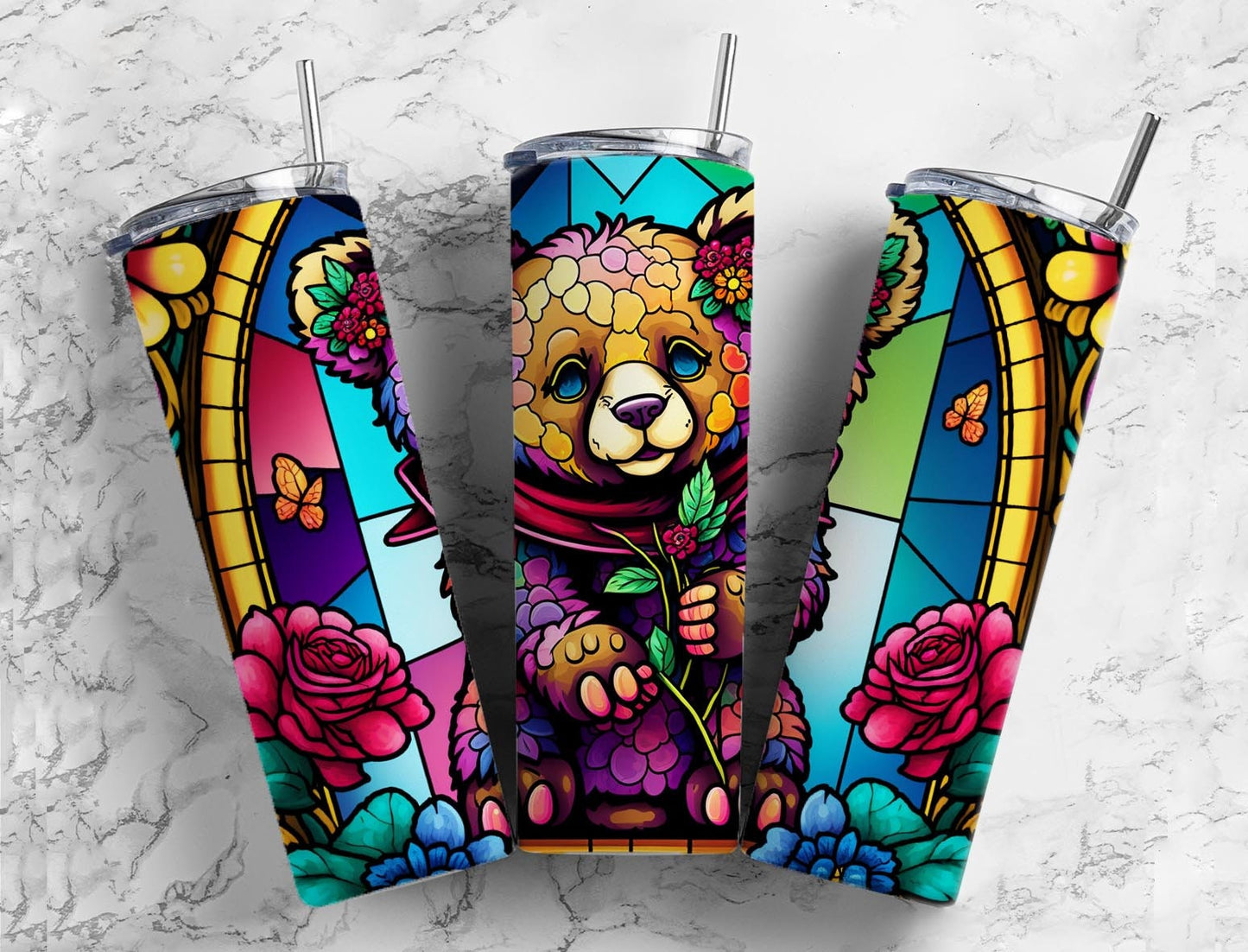 Stained Glass Bear Cub 20oz Sublimation Tumbler Designs, Cute Teddy 9.2 x 8.3” Straight Skinny Tumbler Wrap PNG, Sublimation Design PNG