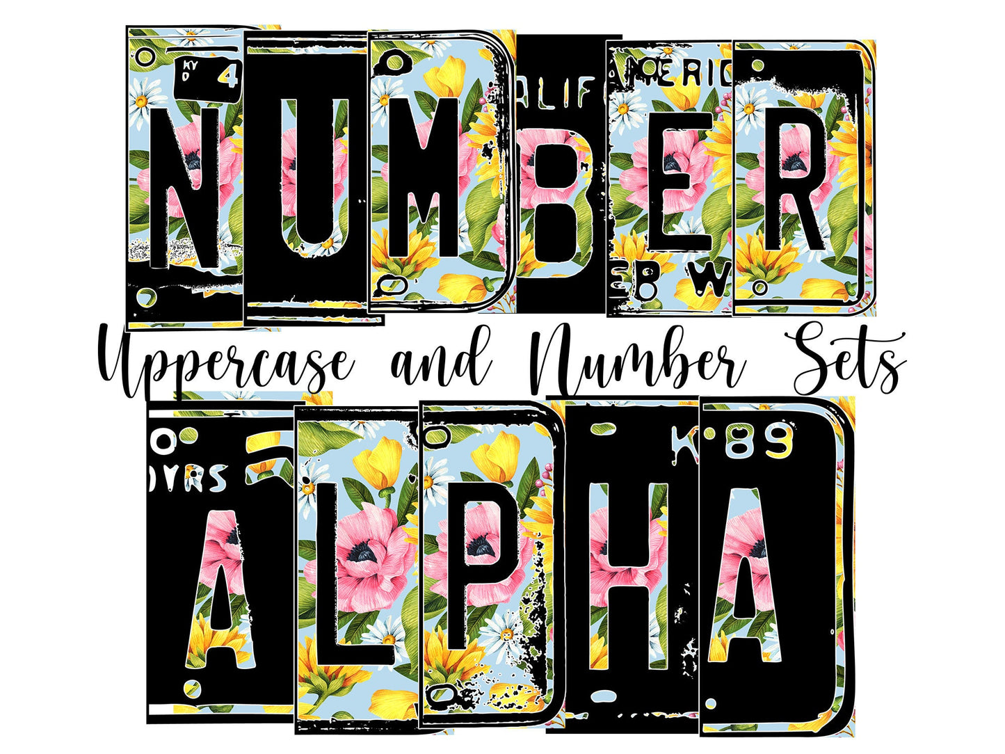 Pink and Baby Blue Flower Number Plate Alphabet Uppercase Numbers PNG, Boho Floral Alphabet PNG Digital Download