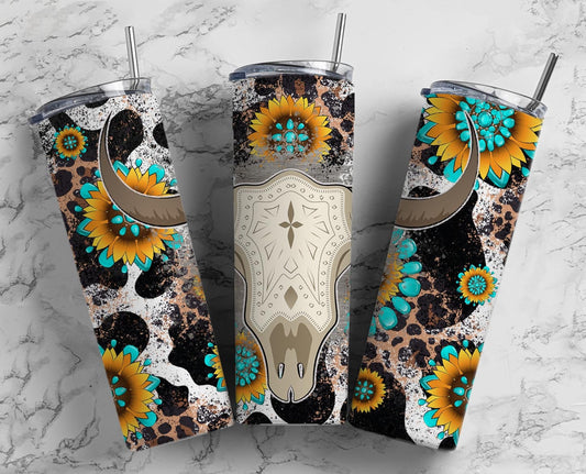 Sunflower Cow Skull 20oz Sublimation Tumbler Designs, Country Western 9.2 x 8.3” Straight Skinny Tumbler Wrap PNG