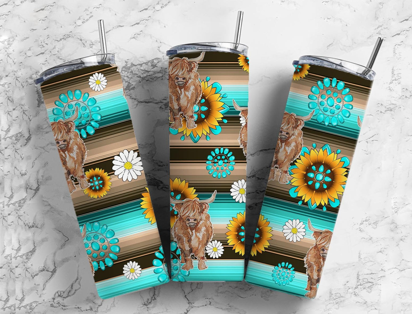 Sunflower Turquoise Gem 20oz Sublimation Tumbler Designs, Highland Cow Serape 9.2 x 8.3” Straight Skinny Tumbler Wrap PNG 2