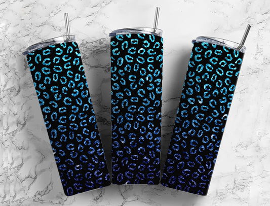 Dark cheetah print 20oz Sublimation Tumbler Designs, Blue gradient 9.2 x 8.3” Straight Skinny Tumbler Wrap PNG