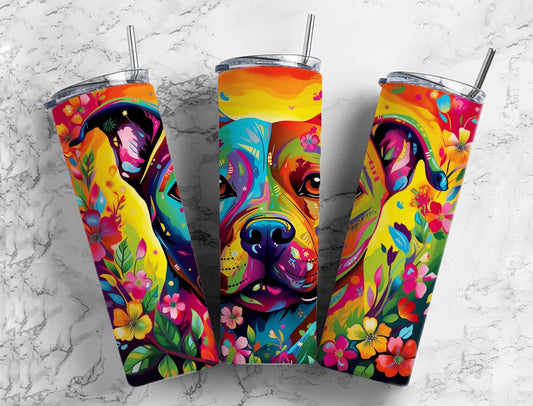 American Staffordshire terrier 20oz Sublimation Tumbler Designs, Colorful floral 9.2 x 8.3” Straight Skinny Tumbler Wrap PNG