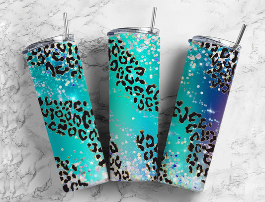 Teal Leopard Print Glitter 20oz Sublimation Tumbler Designs, Bright Paint Pour 9.2 x 8.3” Straight Skinny Tumbler Wrap, Alcohol Ink PNG