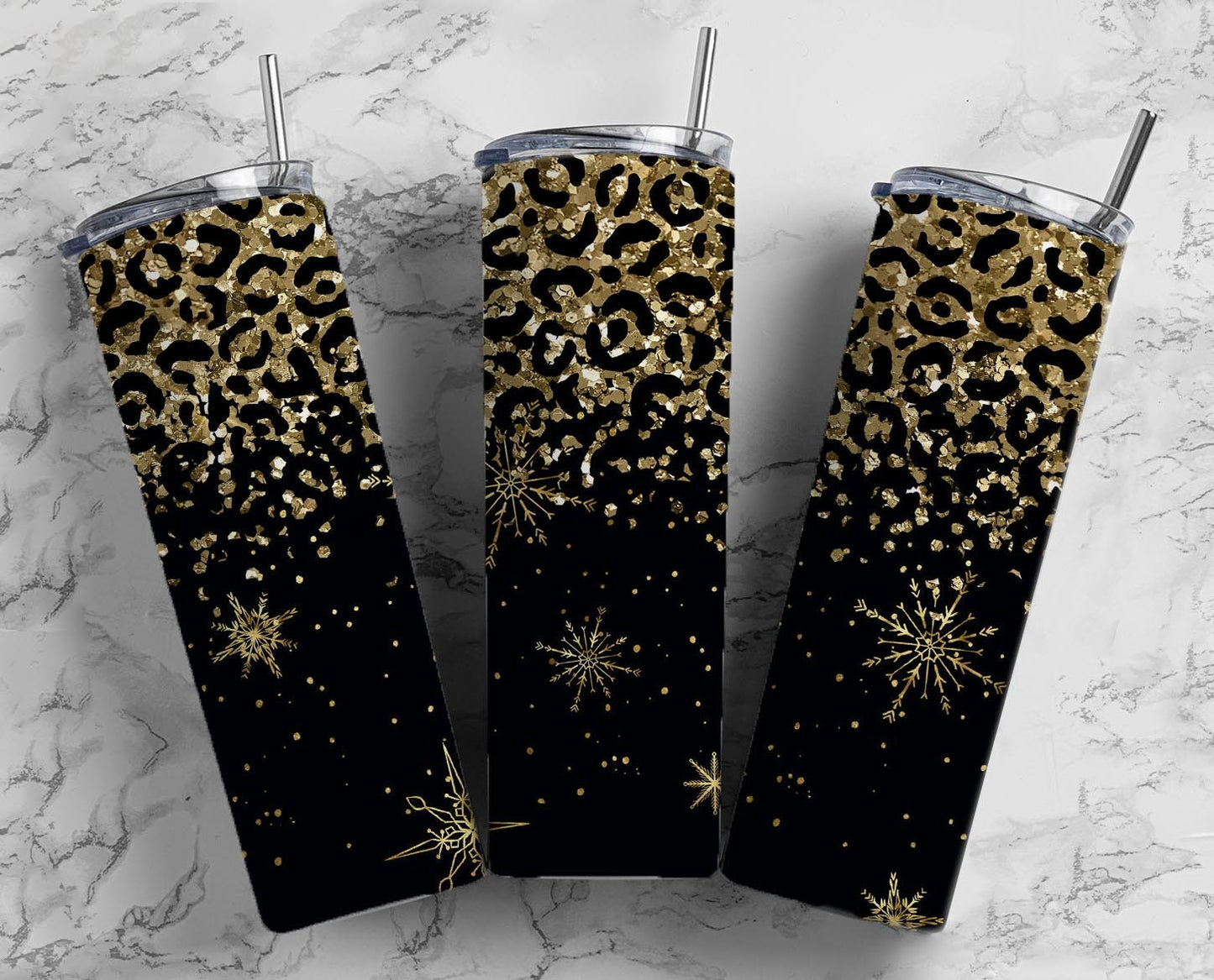 Black Leopard Snowflake 20oz Sublimation Tumbler Designs, Holiday Gold Glitter 9.2 x 8.3” Straight Skinny Tumbler Wrap, Snowflake Tumbler