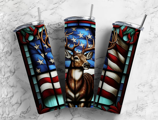 Stained Glass Deer 20oz Sublimation Tumbler Designs, USA Flag Hunting 9.2 x 8.3” Straight Skinny Tumbler Wrap PNG, Sublimation Design PNG