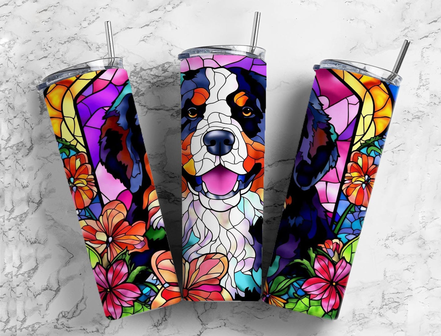 Bernese mountain dog 20oz Sublimation Tumbler Designs, Floral stained glass 9.2 x 8.3” Straight Skinny Tumbler Wrap PNG