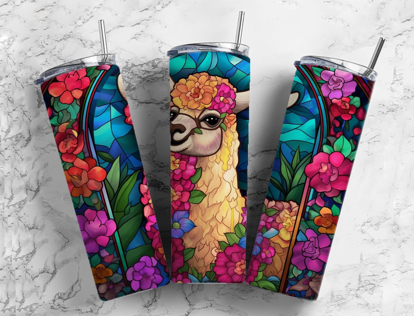 Alpaca floral 20oz Sublimation Tumbler Designs, Stained glass 9.2 x 8.3” Straight Skinny Tumbler Wrap PNG