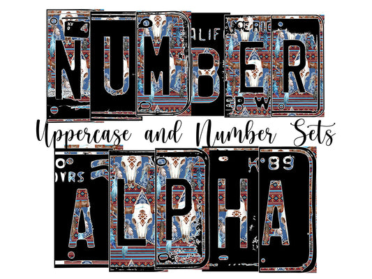 Aztec Bullskull Number Plate Alphabet Uppercase Numbers PNG, Serape Country Alphabet PNG Digital Download