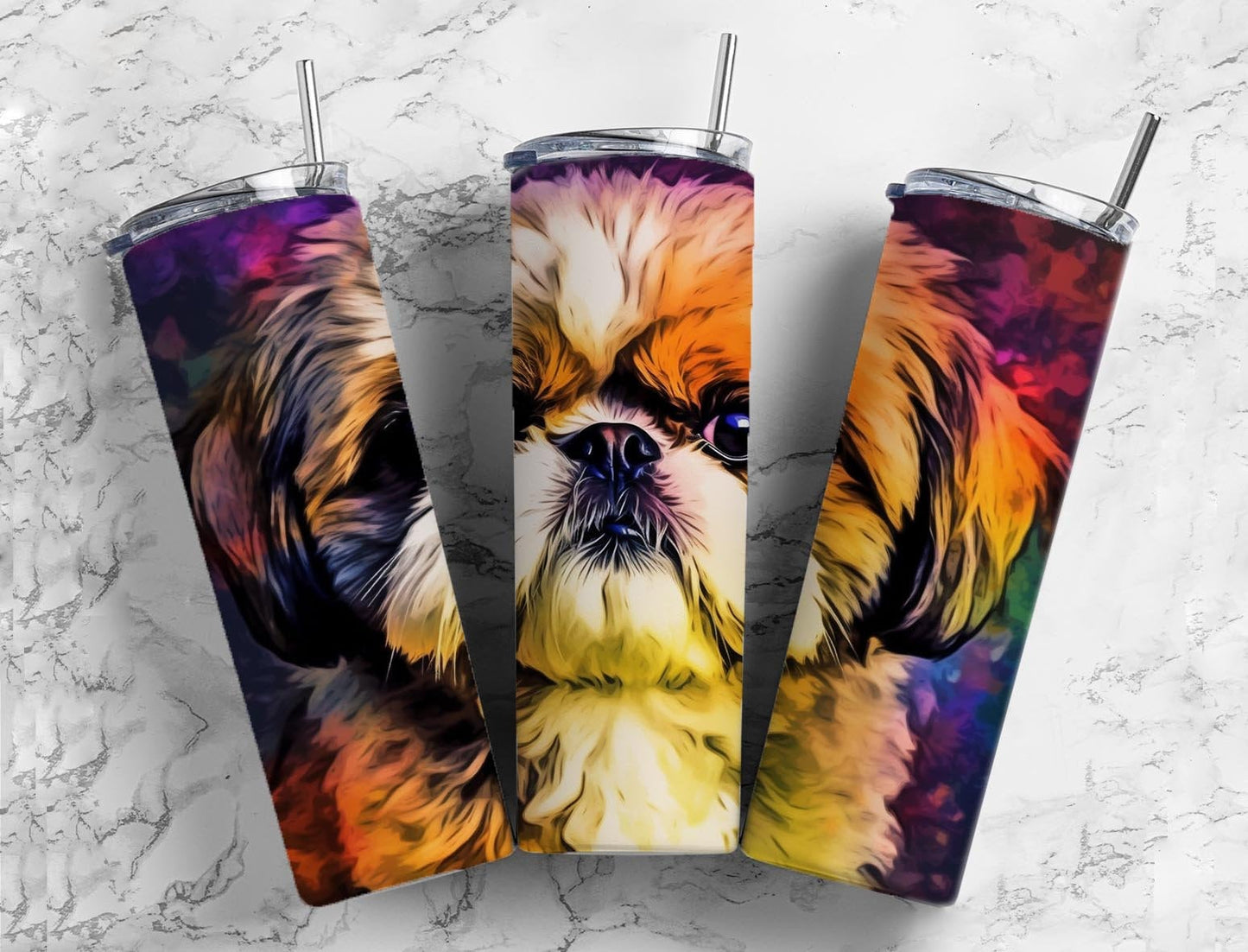 shih tzu 20oz Sublimation Tumbler Designs, Rainbow colorful 9.2 x 8.3” Straight Skinny Tumbler Wrap PNG