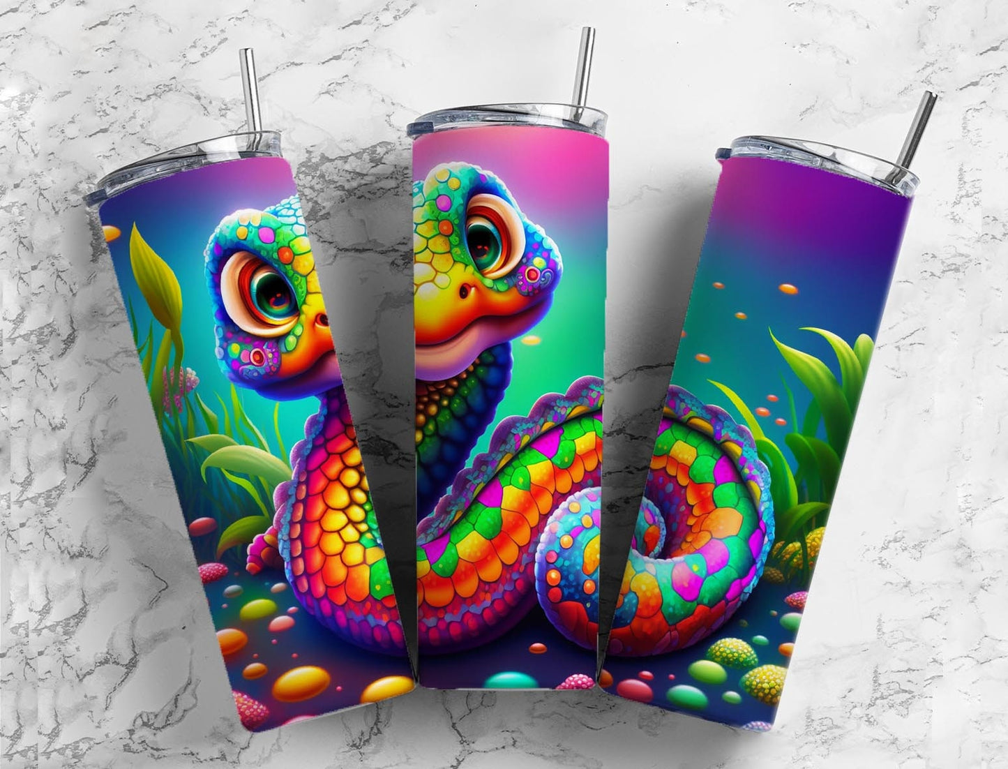 Cartoon snake 20oz Sublimation Tumbler Designs, Colorful rainbow 9.2 x 8.3” Straight Skinny Tumbler Wrap PNG