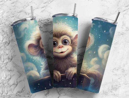 cartoon monkey 20oz Sublimation Tumbler Designs, sky clouds 9.2 x 8.3” Straight Skinny Tumbler Wrap PNG