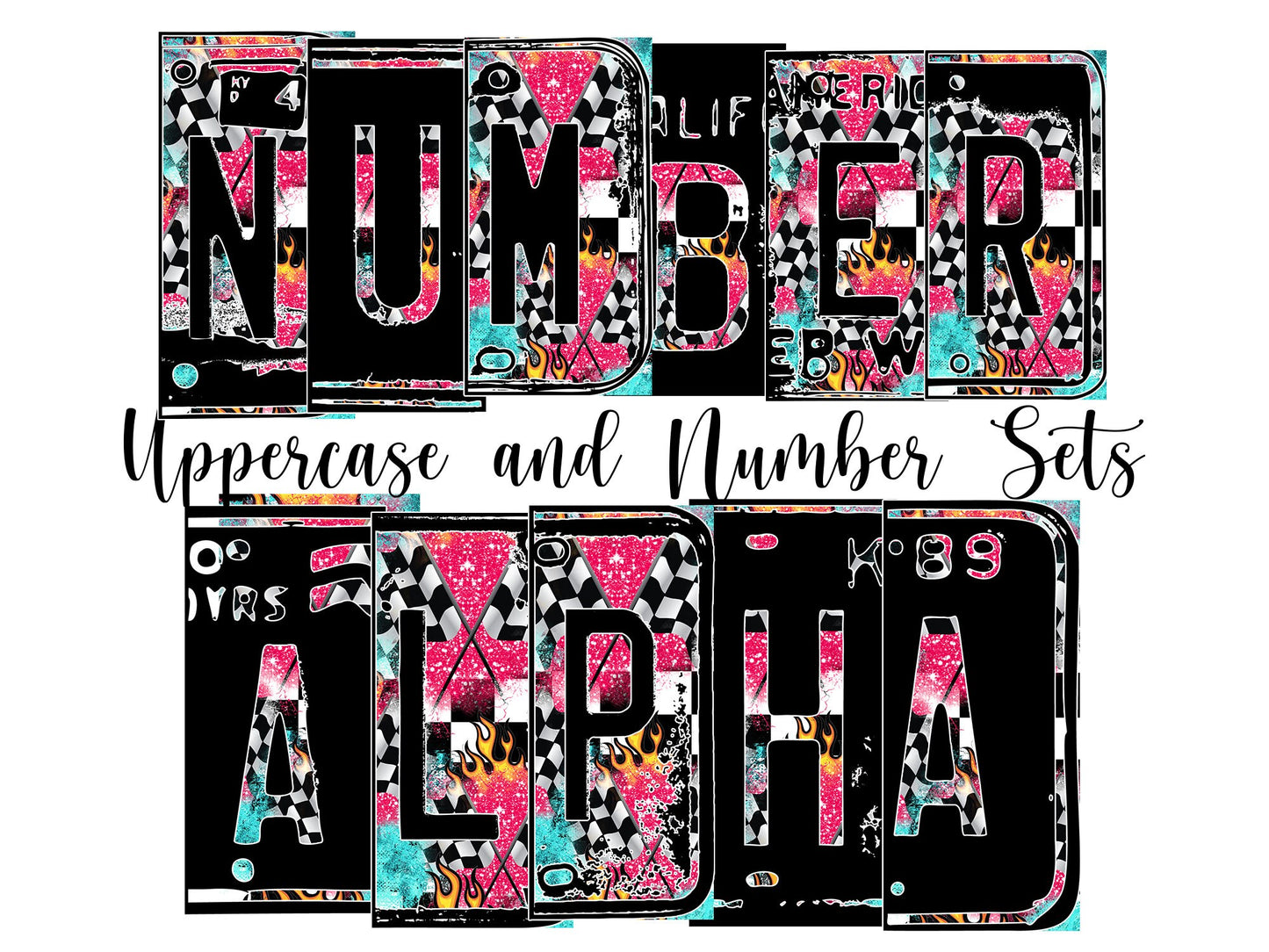 Pink Racing Number Plate Alphabet Uppercase Numbers PNG, Race Car Alphabet PNG Digital Download